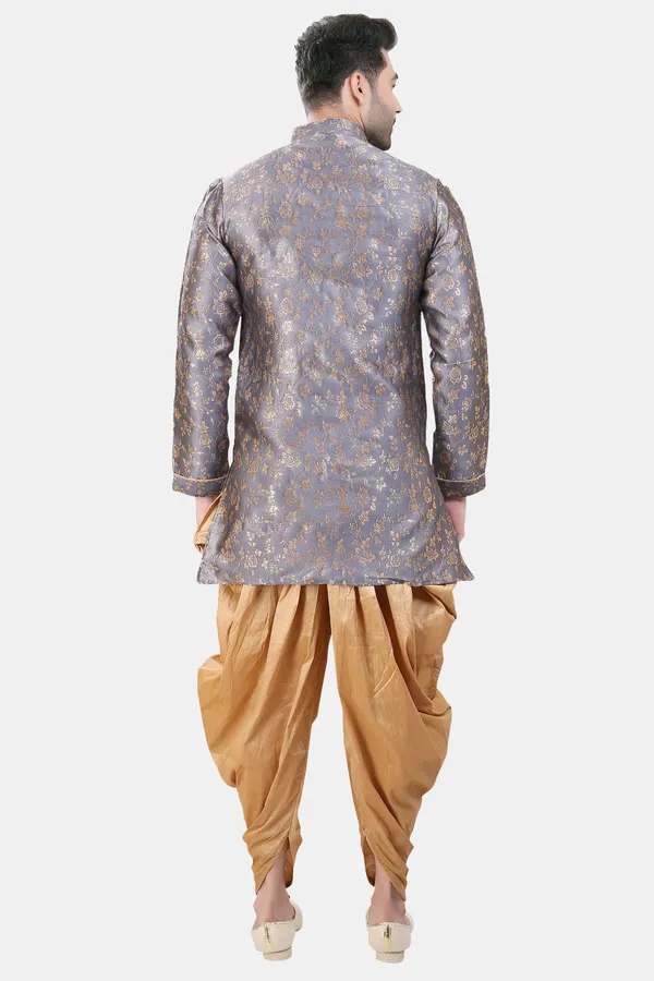 Floral_Print_Grey_Jacquard_Sherwani_With_Patiyala