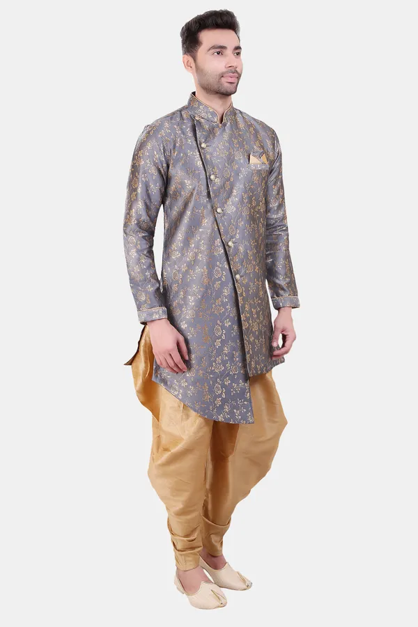 Floral_Print_Grey_Jacquard_Sherwani_With_Patiyala