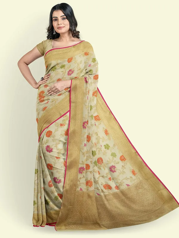 Beige_Cotton_Blend_Banarasi_Sarees_For_Women