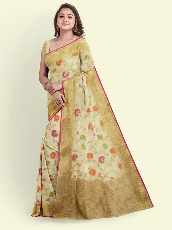 Beige_Cotton_Blend_Banarasi_Sarees_For_Women