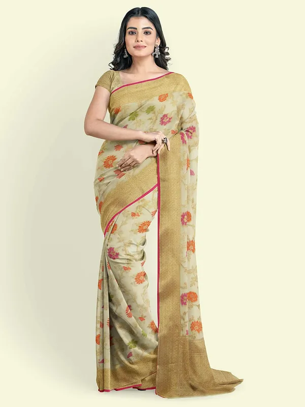 Beige_Cotton_Blend_Banarasi_Sarees_For_Women