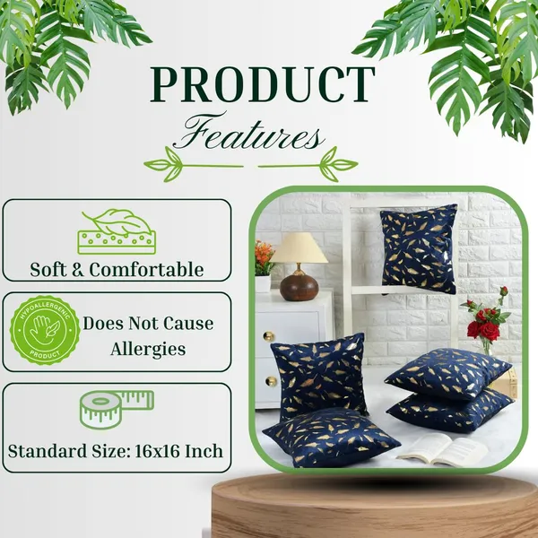 16x16_Inch_Velvet_Cushion_Covers_Set_of_5_Pcs,_Soft_Decorative_Faux_Fur_Throw_Pillow_Covers_with_Golden_Feather_Print_for_Sofa,_Couch,_Bed,_Living_Room_-_Blue-250_TC