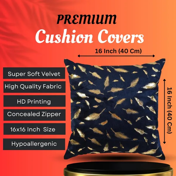 16x16_Inch_Velvet_Cushion_Covers_Set_of_5_Pcs,_Soft_Decorative_Faux_Fur_Throw_Pillow_Covers_with_Golden_Feather_Print_for_Sofa,_Couch,_Bed,_Living_Room_-_Blue-250_TC