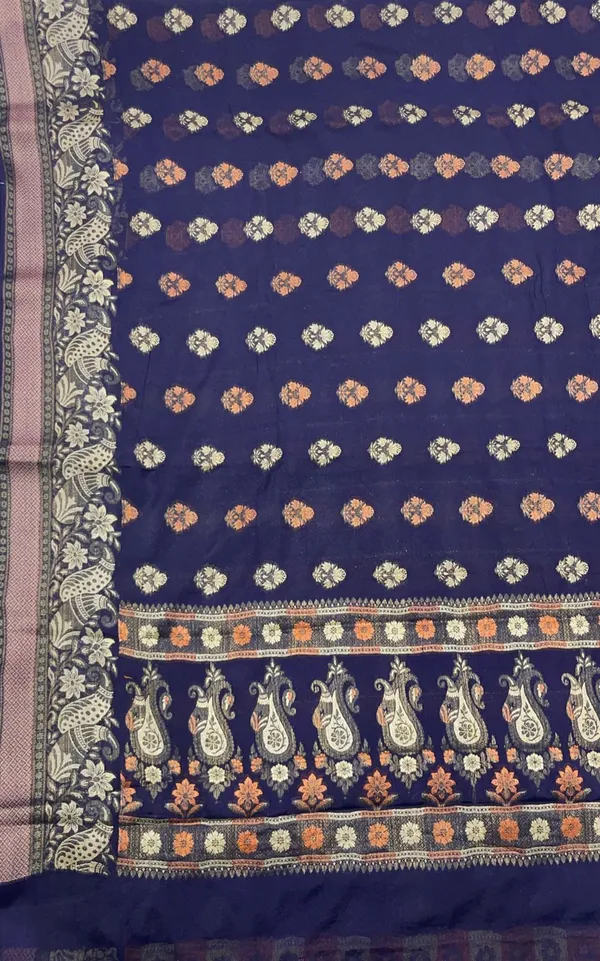 Humairah_Presents_Pure_Handloom_Navy_Blue_Chiffon_Resham_Floral_Mina_Booti_with_Paisley_Mina_Zari_Border_and_Tilfi_Zari_Border_with_Red_Blouse