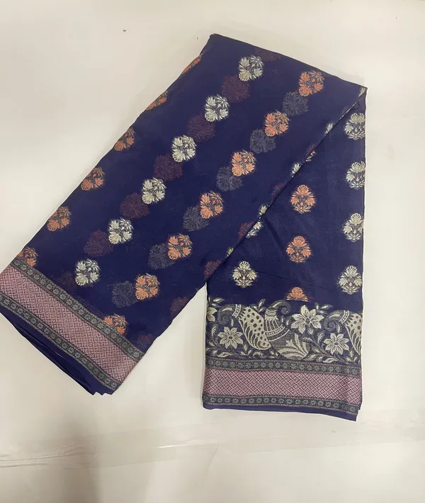 Humairah_Presents_Pure_Handloom_Navy_Blue_Chiffon_Resham_Floral_Mina_Booti_with_Paisley_Mina_Zari_Border_and_Tilfi_Zari_Border_with_Red_Blouse