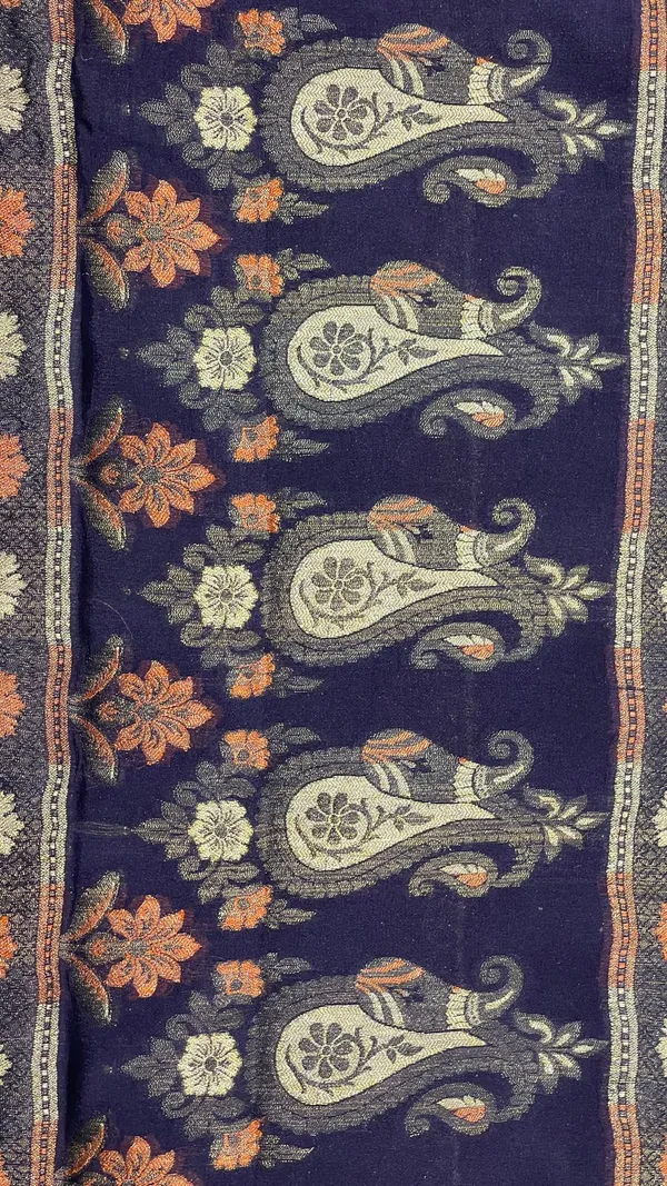 Humairah_Presents_Pure_Handloom_Navy_Blue_Chiffon_Resham_Floral_Mina_Booti_with_Paisley_Mina_Zari_Border_and_Tilfi_Zari_Border_with_Red_Blouse