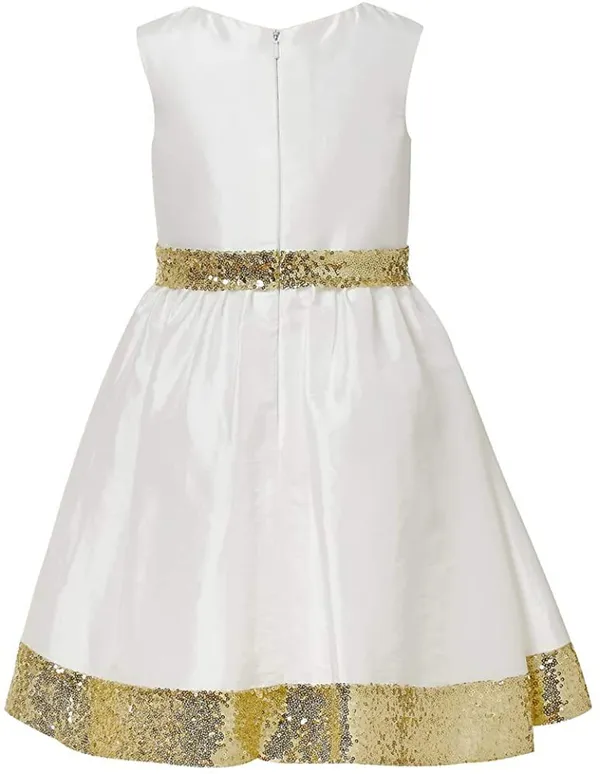 White_Sequined_Solid_Round_Neck_Dress_For_Girls