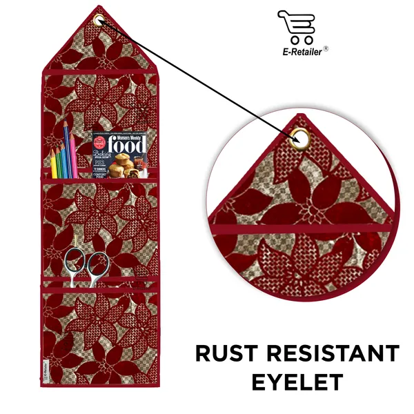 Wall_Hanging_Organizer/Magazine_Holder_With_3_Utility_Pockets_(Material-_Velvet,__Color-_Maroon,__Size-26x9_Inches)