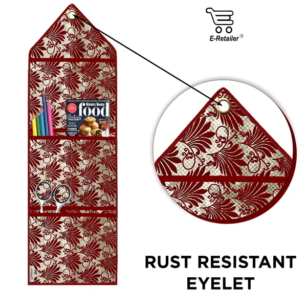 Wall_Hanging_Organizer/Magazine_Holder_With_3_Utility_Pockets_(Material-_Velvet,__Color-_Red,__Size-26x9_Inches)