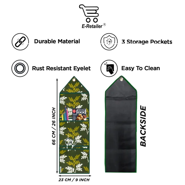 Wall_Hanging_Organizer/Magazine_Holder_With_3_Utility_Pockets_(Material-_Polyester,__Color-_Green,__Size-26x9_Inches)