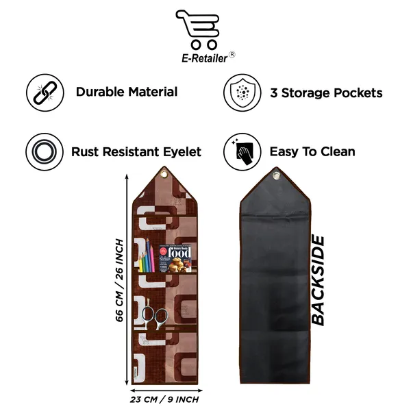 Wall_Hanging_Organizer/Magazine_Holder_With_3_Utility_Pockets_(Material-_Polyester,__Color-_Brown,__Size-26x9_Inches)