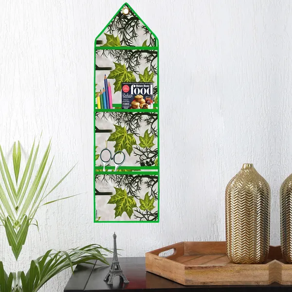 Wall_Hanging_Organizer/Magazine_Holder_With_3_Utility_Pockets_(Material-_Polyester,__Color-_Green,__Size-26x9_Inches)