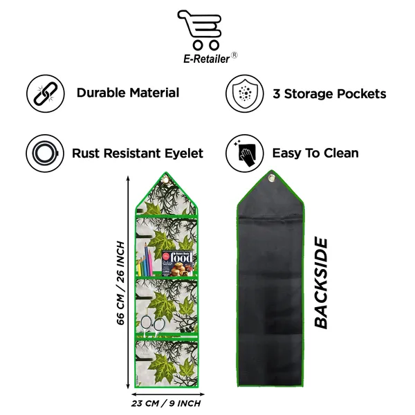 Wall_Hanging_Organizer/Magazine_Holder_With_3_Utility_Pockets_(Material-_Polyester,__Color-_Green,__Size-26x9_Inches)