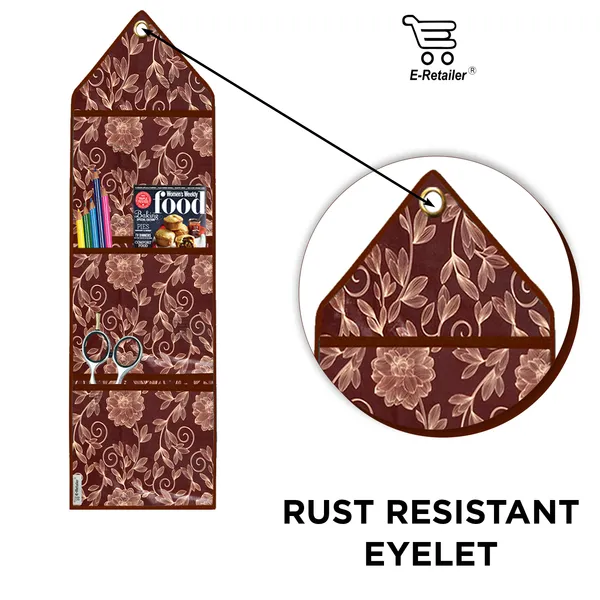 Wall_Hanging_Organizer/Magazine_Holder_With_3_Utility_Pockets_(Material-_PVC,__Color-_Brown,__Size-26x9_Inches)