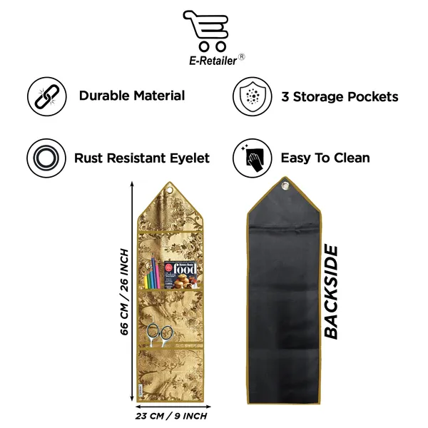 Wall_Hanging_Organizer/Magazine_Holder_With_3_Utility_Pockets_(Material-_Rexine,__Color-_Golden,__Size-26x9_Inches)