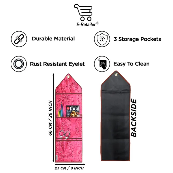 Wall_Hanging_Organizer/Magazine_Holder_With_3_Utility_Pockets_(Material-_Rexine,__Color-_Red,__Size-26x9_Inches)