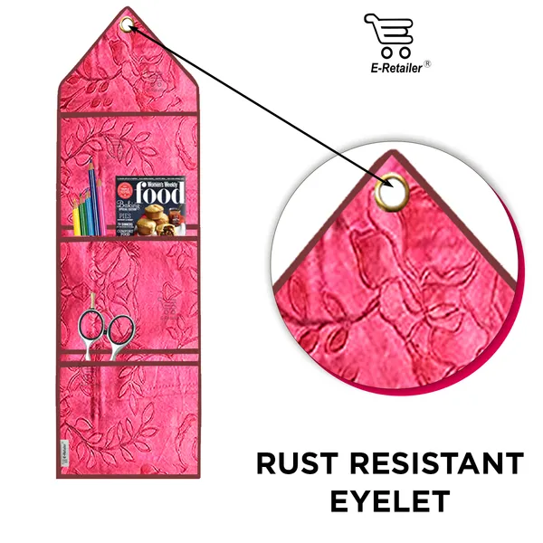 Wall_Hanging_Organizer/Magazine_Holder_With_3_Utility_Pockets_(Material-_Rexine,__Color-_Red,__Size-26x9_Inches)