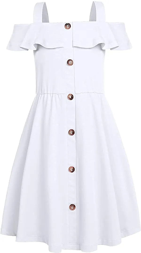 White_Rayon_Blend_Solid_Square_Neck_Dress_For_Girls