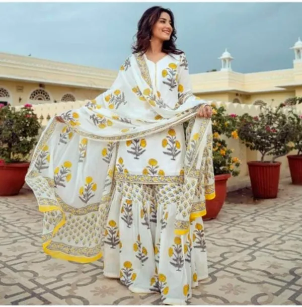 White_Cotton_Floral_Printed_Kurti_with_Sharara_&_Dupatta_|_For_Women