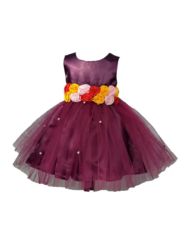 Wine_Floral_Pattern_Round_Neck_Dress_For_Girls
