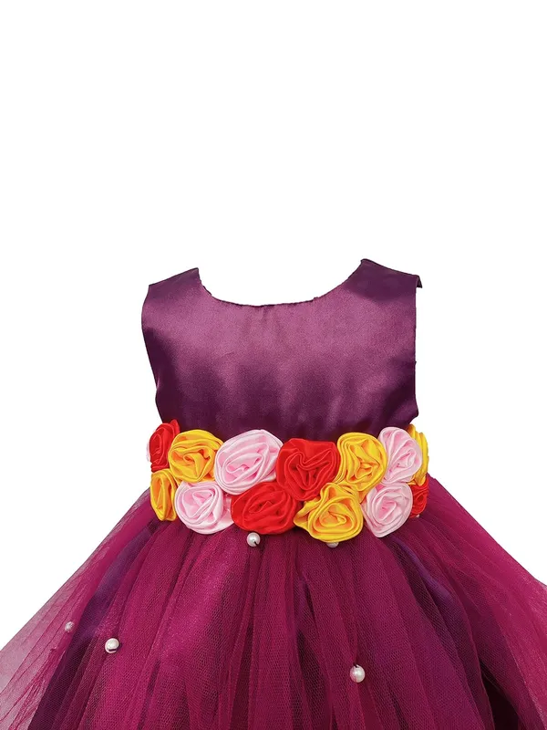Wine_Floral_Pattern_Round_Neck_Dress_For_Girls