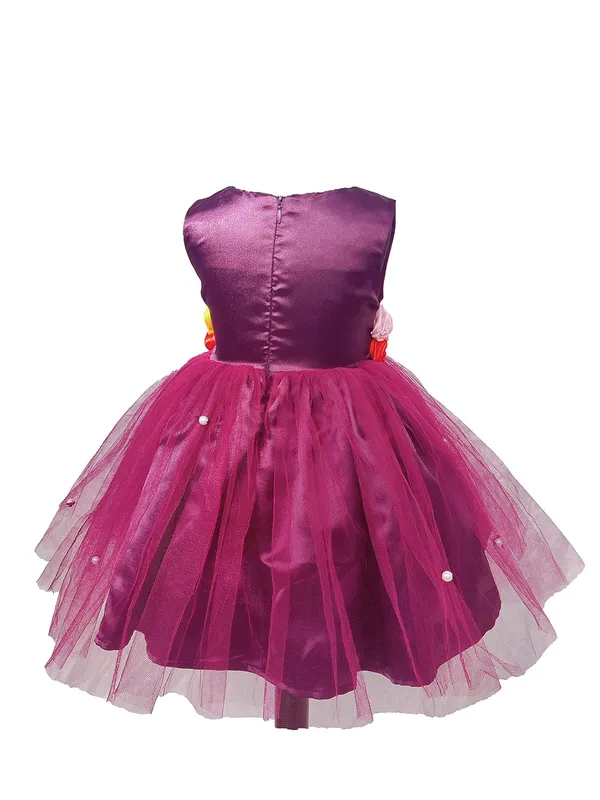 Wine_Floral_Pattern_Round_Neck_Dress_For_Girls