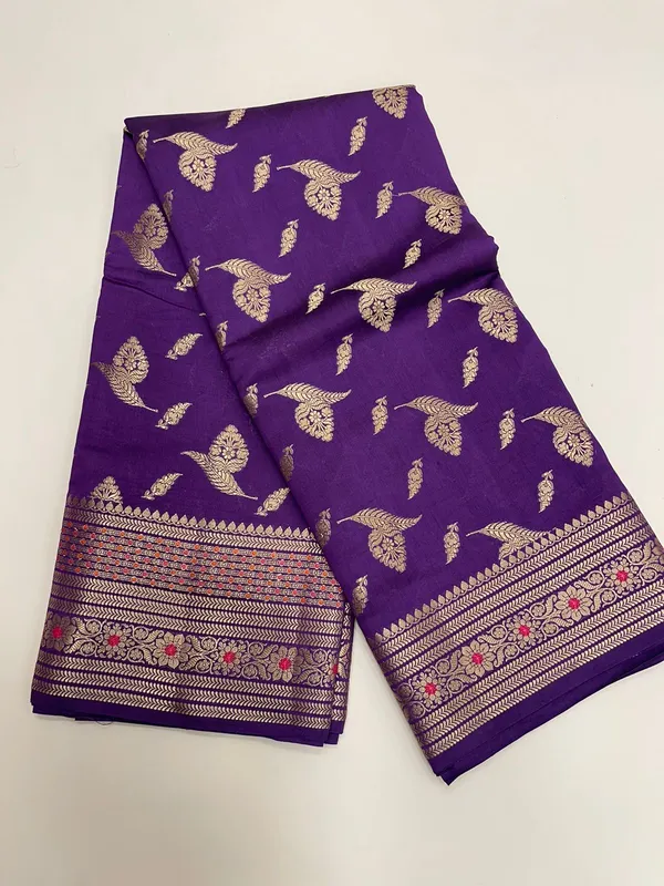 Humairah_Pure_Handwoven_Purple_Chiniya_Silk_Gold_Zari_Floral_Booti_with_Minakari_Zari_Border_with_Purple_Blouse_piece