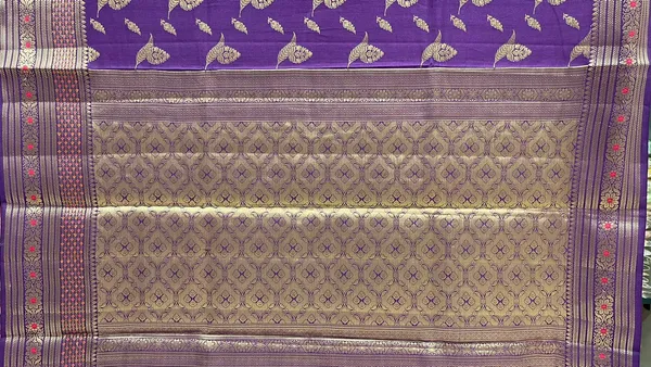 Humairah_Pure_Handwoven_Purple_Chiniya_Silk_Gold_Zari_Floral_Booti_with_Minakari_Zari_Border_with_Purple_Blouse_piece