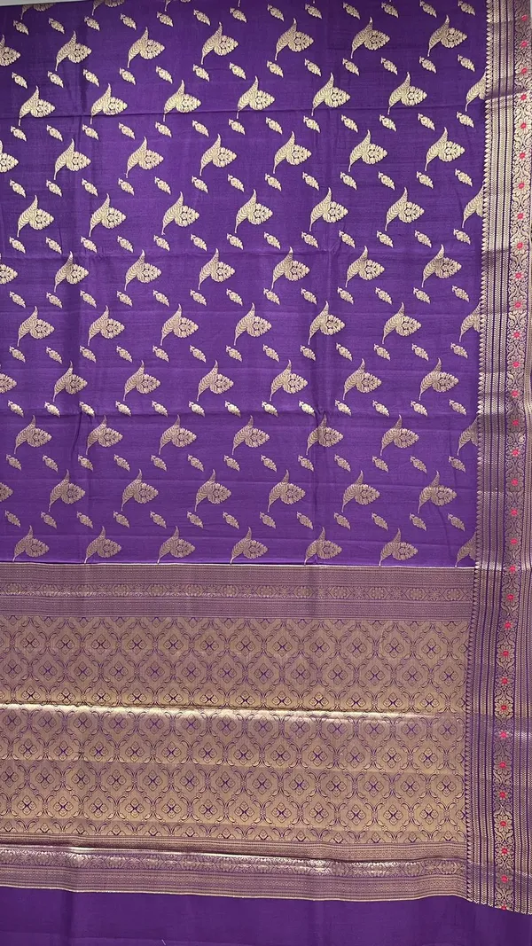 Humairah_Pure_Handwoven_Purple_Chiniya_Silk_Gold_Zari_Floral_Booti_with_Minakari_Zari_Border_with_Purple_Blouse_piece