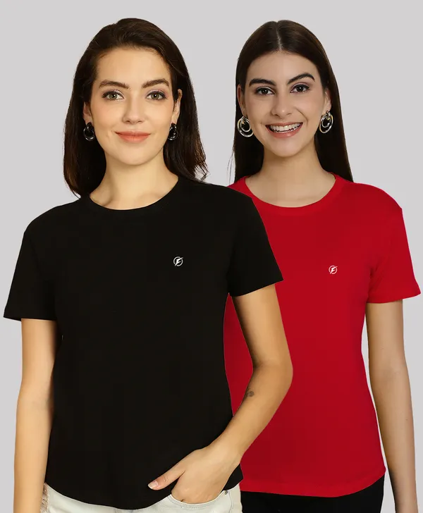 Pack_of_2_Black_&_Red_Cotton_Round_Neck_T-Shirt_For_Women