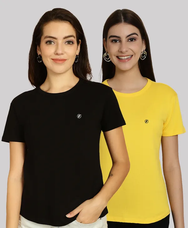 Pack_of_2_Black_&_Yellow_Cotton_Round_Neck_T-Shirt_For_Women
