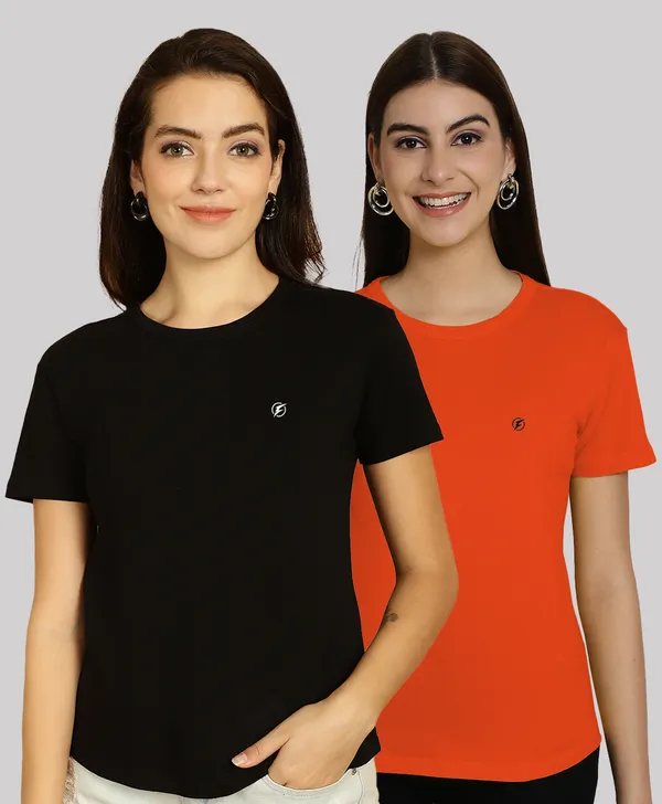 Pack_of_2_Black_&_Orange_Cotton_Round_Neck_T-Shirt_For_Women