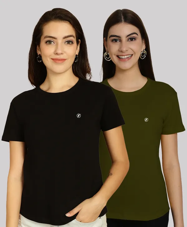 Pack_of_2_Black_&_Olive_Green_Cotton_Round_Neck_T-Shirt_For_Women