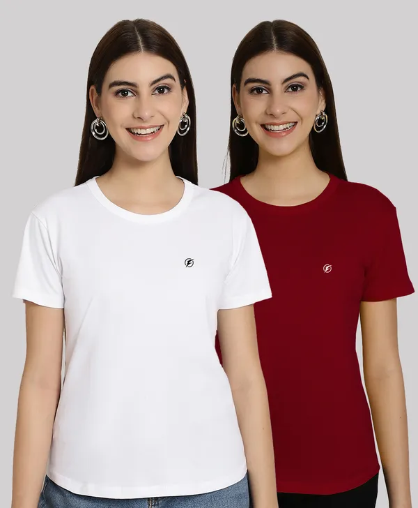 Pack_of_2_White_&_Maroon_Cotton_Round_Neck_T-Shirt_For_Women