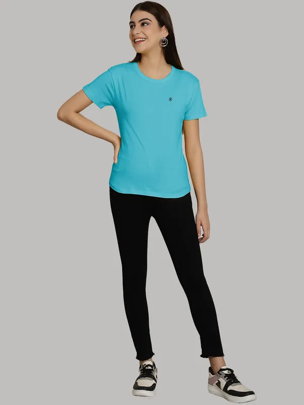 Pack_of_2_White_&_Turquoise_Blue_Cotton_Round_Neck_T-Shirt_For_Women