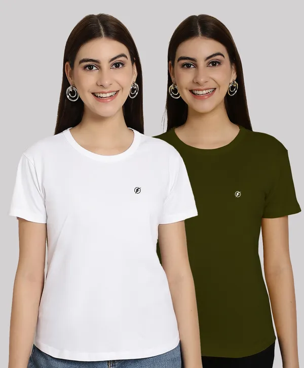 Pack_of_2_White_&_Olive_Green_Cotton_Round_Neck_T-Shirt_For_Women