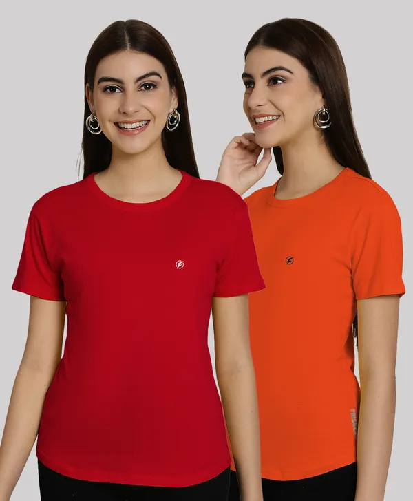 Pack_of_2_Red_&_Orange_Cotton_Round_Neck_T-Shirt_For_Women