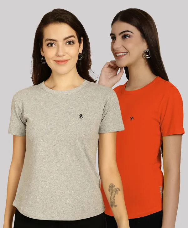 Pack_of_2_Grey_&_Orange_Cotton_Round_Neck_T-Shirt_For_Women