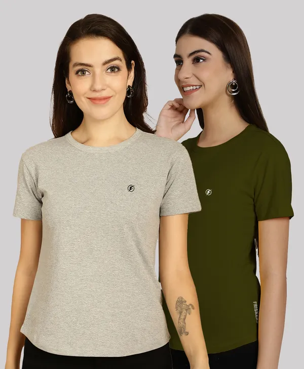 Pack_of_2_Grey_&_Olive_Green_Cotton_Round_Neck_T-Shirt_For_Women