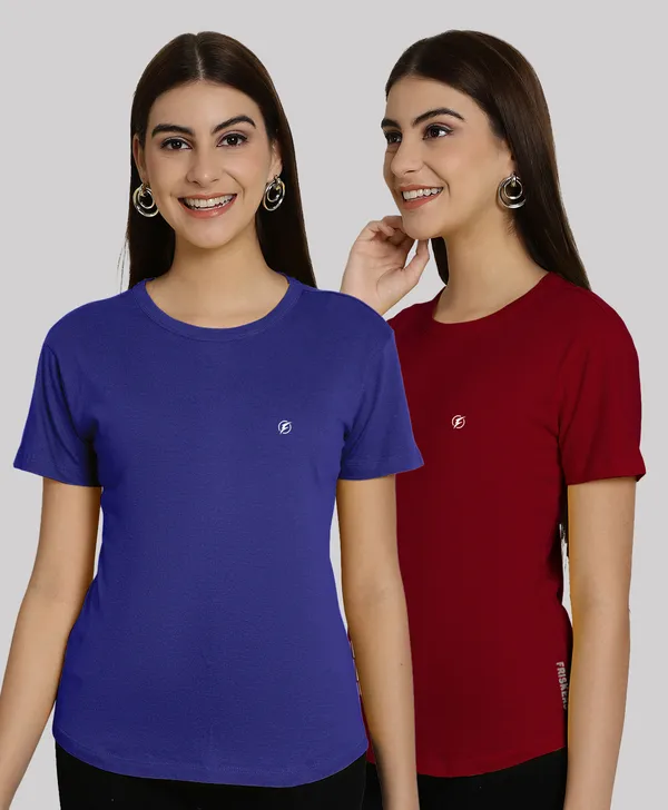 Pack_of_2_Blue_&_Maroon_Cotton_Round_Neck_T-Shirt_For_Women