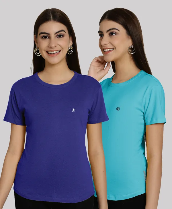 Pack_of_2_Blue_&_Turquoise_Blue_Cotton_Round_Neck_T-Shirt_For_Women