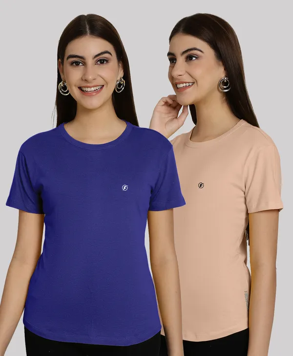 Pack_of_2_Blue_&_Coral_Cotton_Round_Neck_T-Shirt_For_Women