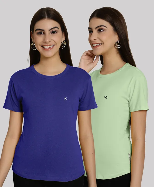 Pack_of_2_Blue_&_Sea_Green_Cotton_Round_Neck_T-Shirt_For_Women