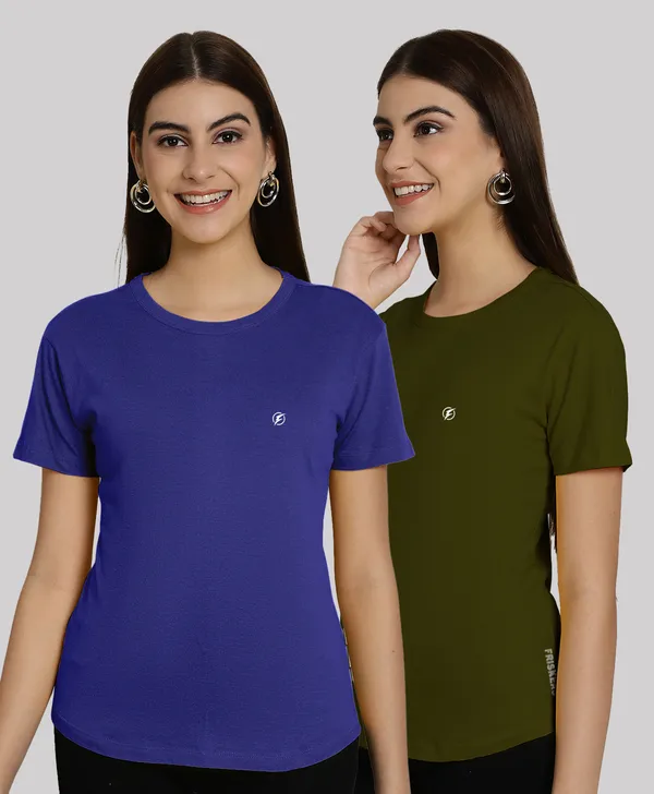 Pack_of_2_Blue_&_Olive_Green_Cotton_Round_Neck_T-Shirt_For_Women