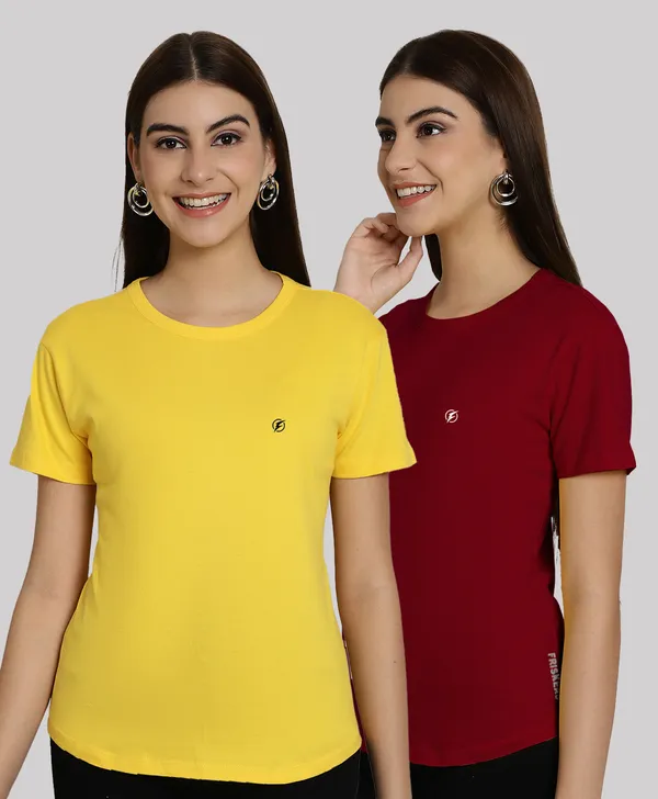 Pack_of_2_Yellow_&_Maroon_Cotton_Round_Neck_T-Shirt_For_Women