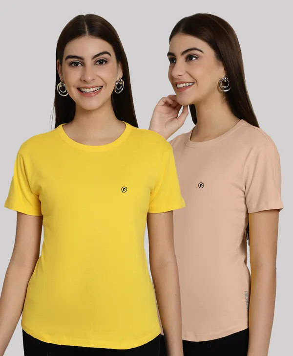 Pack_of_2_Yellow_&_Coral_Cotton_Round_Neck_T-Shirt_For_Women