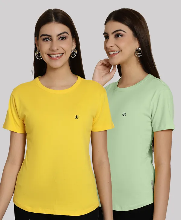 Pack_of_2_Yellow_&_Sea_Green_Cotton_Round_Neck_T-Shirt_For_Women