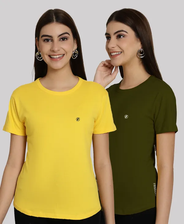 Pack_of_2_Yellow_&_Olive_Green_Cotton_Round_Neck_T-Shirt_For_Women
