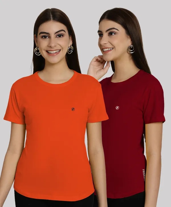 Pack_of_2_Orange_&_Maroon_Cotton_Round_Neck_T-Shirt_For_Women