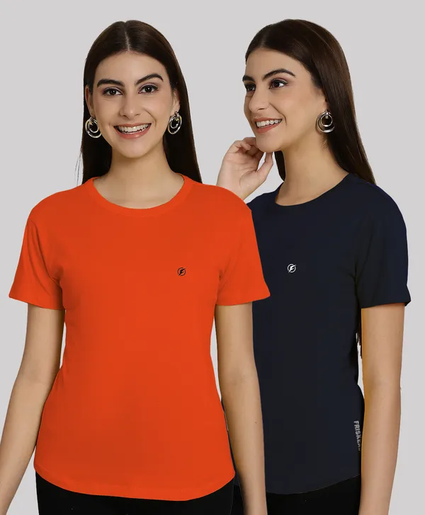 Pack_of_2_Orange_&_Navy_Blue_Cotton_Round_Neck_T-Shirt_For_Women